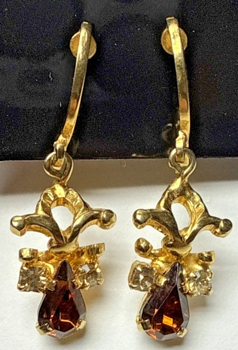 Vintage Austria Clip On Earrings Dangle Rhinestone Clear Brown Angel